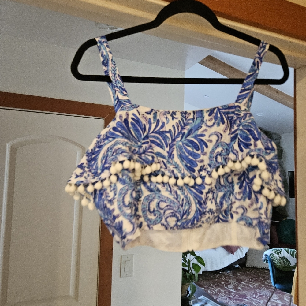 Lilly Pulitzer Blue and White Paisley Cotton PomPom Crop Top
